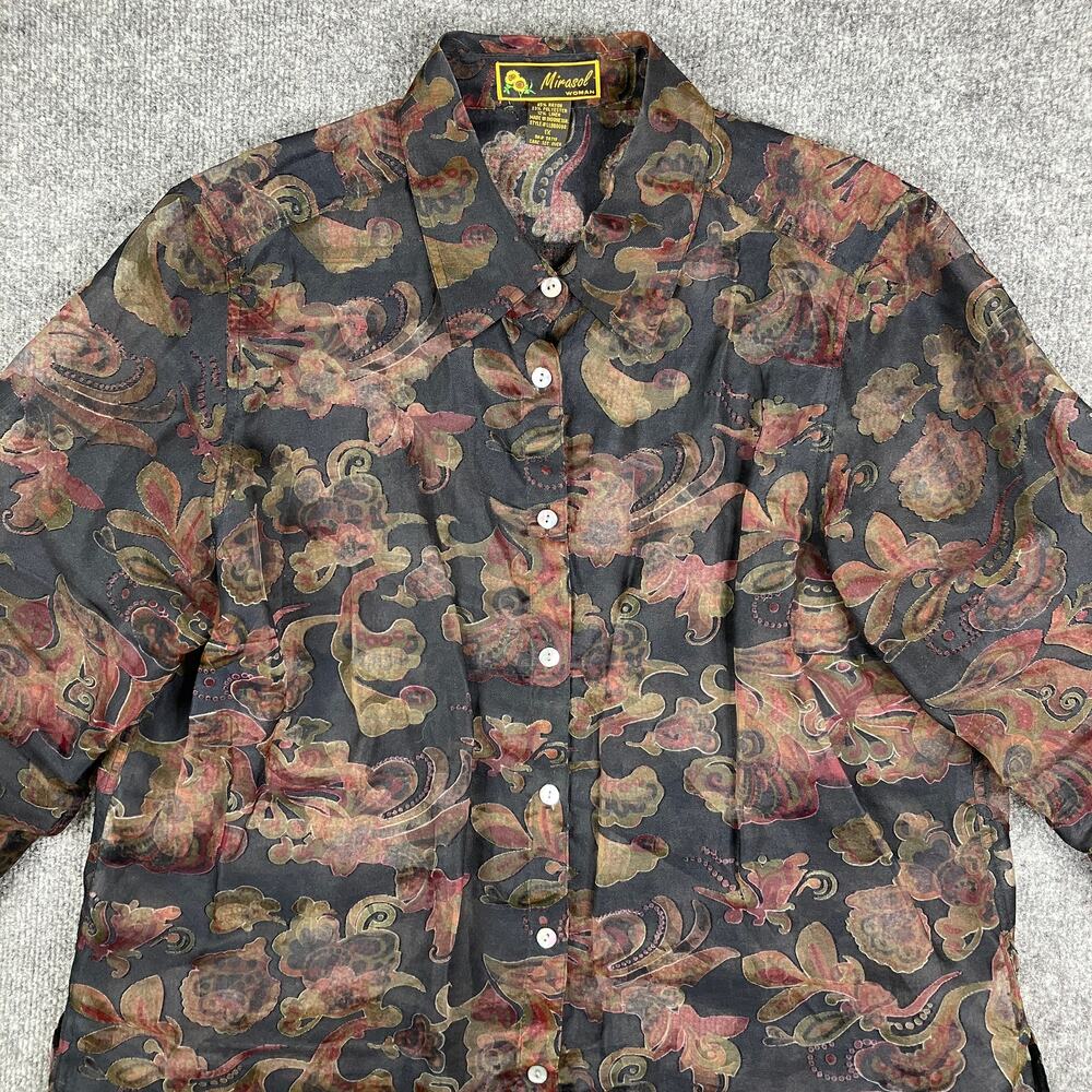 Mirasol Blouse Womens 1X Black Floral Sheer Button Up Rayon‎ Linen Vintage Top